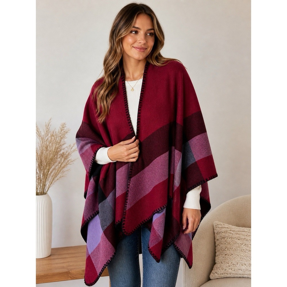 Just Cozy Plaid Poncho Scarf Wrap Burgundy Purple Black NWT One Size